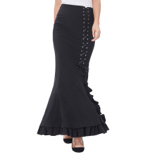 Belle Poque Womens Victorian Style High Stretchy Nylon-Cotton Vintage Retro Ruffled Fishtail Mermaid Black Long Skirt BP000203-1